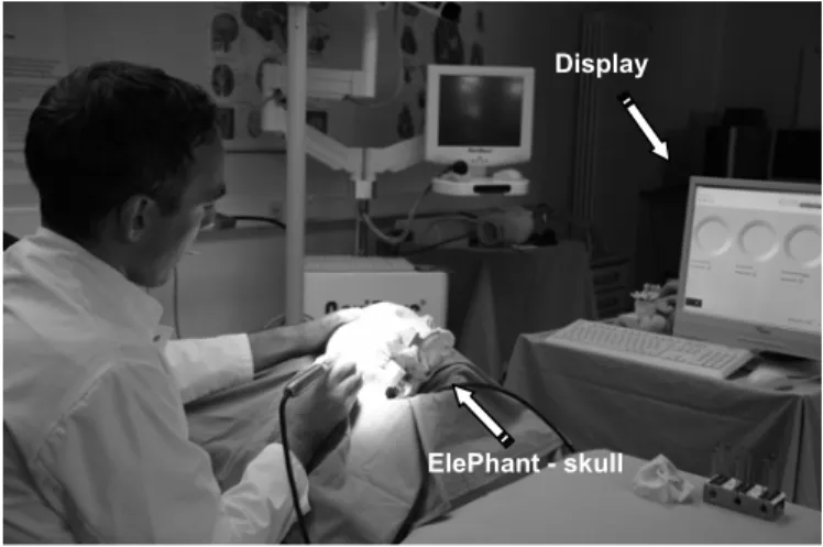 Fig. 1. Simulation of the surgical intervention "Mastoidectomy" with a  realistic operation setting, using the ElePhant-system