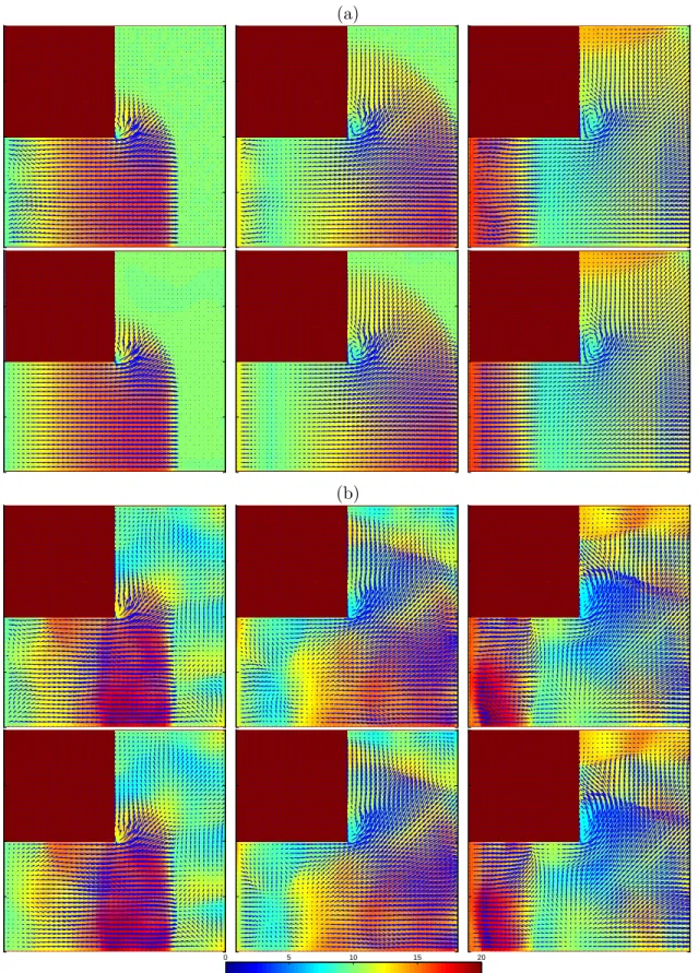 Figure 7. Comparisons of elevation colormaps in millimeters and of free-surface motion vector fields, for the suddenly expanding flume flow with uniform inlet velocity profile: (a) without stochastic forcing; (b) with stochastic forcing; Top row, estimatio
