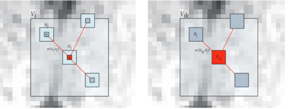 Figure 1: Left: Usual voxelwise NL-means filter: 2D illustration of the NL-means principle