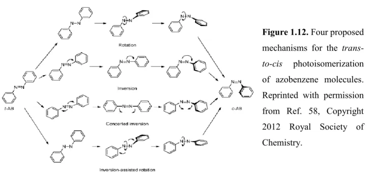 Figure 1.12. Four proposed  mechanisms  for  the   trans-to-cis  photoisomerization  of  azobenzene  molecules