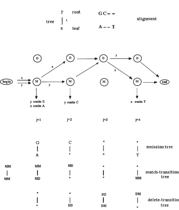 Figure 2.2: A short tree-HMM for a simple tree with two nodes (from IViitchison 1999)