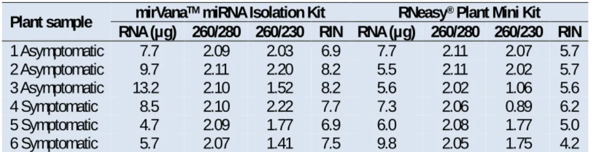 Table 1. The degree of purity analysis and total RNA integrity (RIN). 
