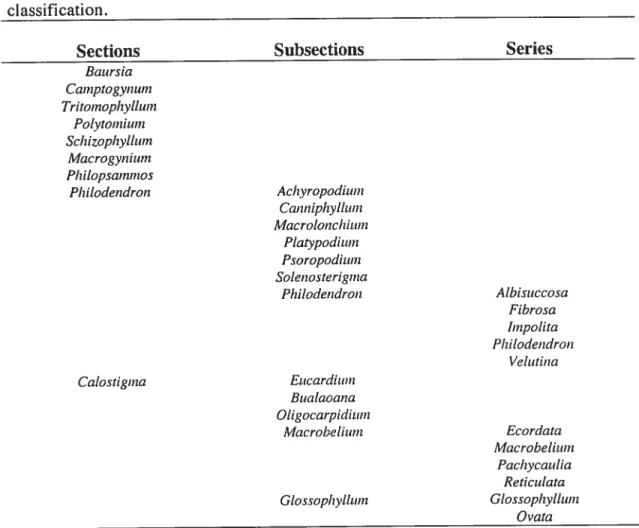 Table 2 : Division of subgenus Philodendron according to Croat’s (1997) classification.