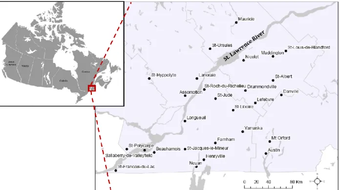 Figure 2.1. Map of Canada showing the location of 26 sites where mice and ticks were  sampled during summer 2011 in Southern Québec (inset)