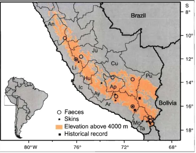 Figure  1.  Andean  cat  distribution  in  Pern.  Historical  records  in  Puno  and  Arequipa  departments  are  from  Grimwood  (1969)  and  Pearson  (1957),  respectively