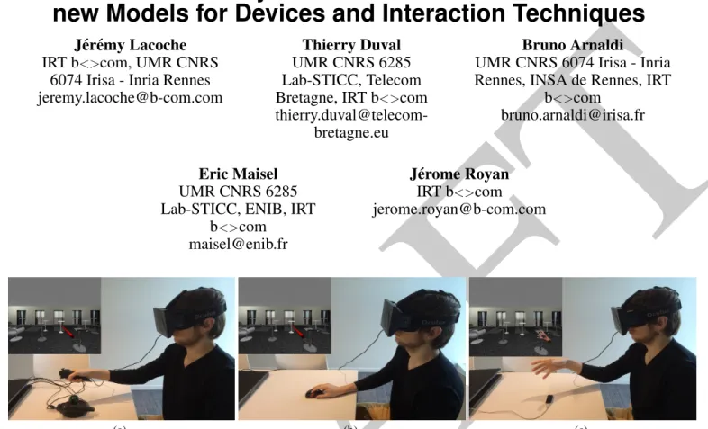 Figure 1: Different ways to complete a Selection and Manipulation task with the proposed interaction model (a) A 3D-ray based interaction controlled by a razer hydra is used (b) Without this device connected, the ray is now controlled with the mouse (c) Wi