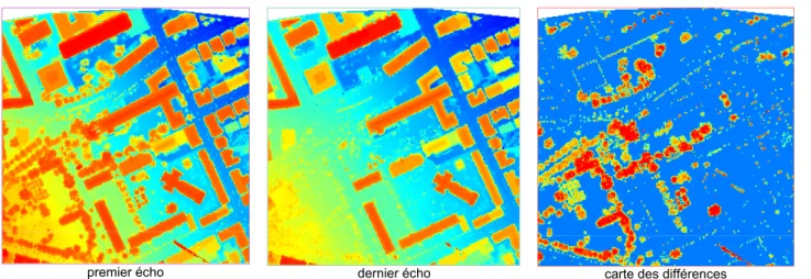 figure B.3.4 : visualisation d’une carte altimétrique premier écho, dernier écho et d’une carte de différences 