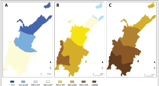 Figure  3.22 :  Rayonnement  global  de  juillet  pour  les  trois  normales  (1981-2010  (A),  2021- 2021-2050 (B) et 2071-2100 (C) 