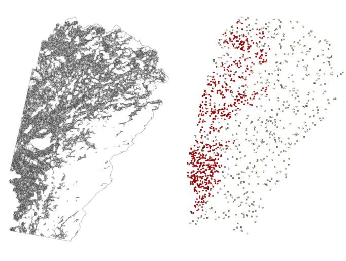 Figure  10.  Graphe  paysager  (à  gauche)  et  population  virtuelle  (à  droite)  sensible  à  la  connectivité