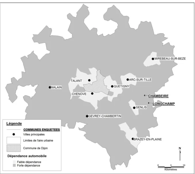 Figure 1 : Les  communes  de  forte  dépendance  automobile  enquêtées  dans  l’Aire  Urbaine  Dijonnaise 
