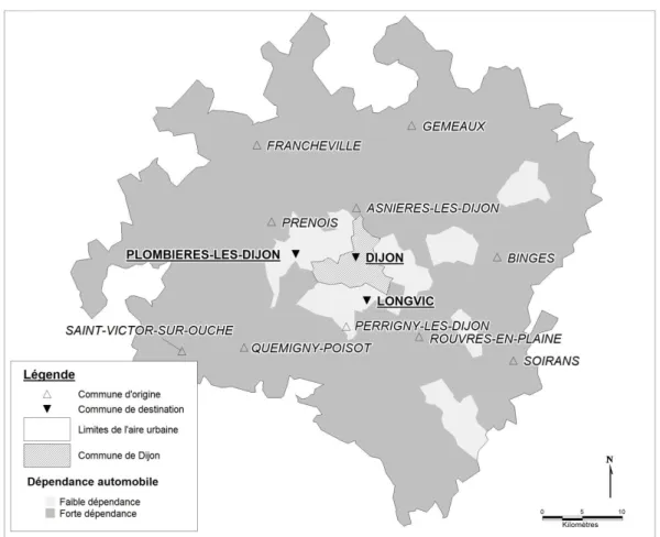 Figure 3 : Communes  d’origine et  de  destinations  des  ménages  de  migrants  enquêtés  dans  l’Aire  Urbaine Dijonnaise 