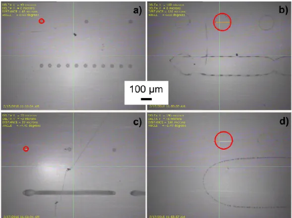 Fig. 4. Optical micrographs of the SnO 2  sol drop deposited onto PI substrate: a) and c)  without surface treatment of the substrate, drop to drop spaced of 100 µm and 20 µm,  respectively; b) and d) with O 2  plasma treatment of the substrate, drop to dr