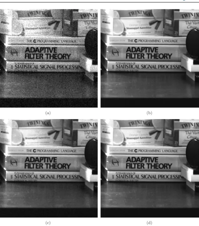 Figure 6.2. Comparison between regularization with few 6 images and without regularization with 60 images, (a) One of the LR images, (b) HR image, (c) optimal TV regularization with 6 images, (d) SR without regularization and 60 images