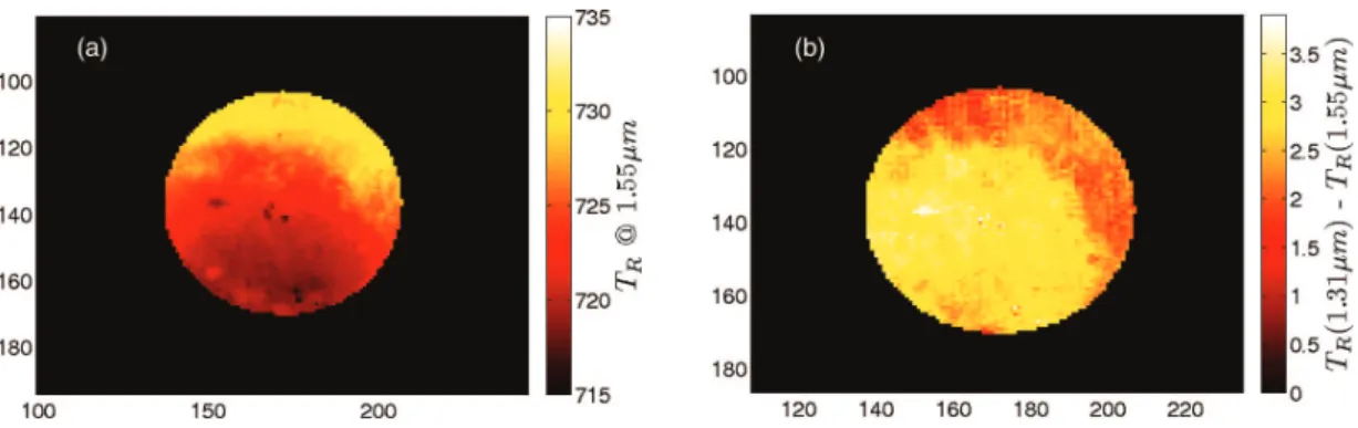 FIG. 11. Field measurement of radiance temperatures (a) at λ 2 and image of the difference of radiance temperature ﬁelds for both wavelengths (b).