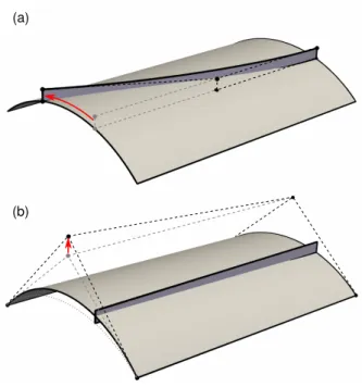 Figure 1: Construction of a portion of cylinder with one stiffener by using two non-conforming NURBS surfaces.