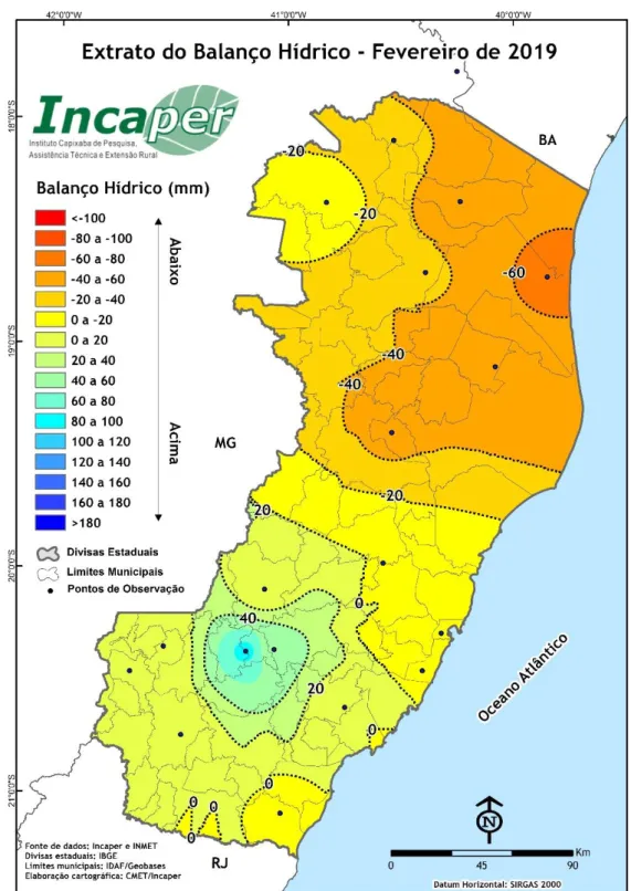 Figura 9. Extrato do balanço hídrico (mm) em fevereiro de 2019 para o Espírito Santo.