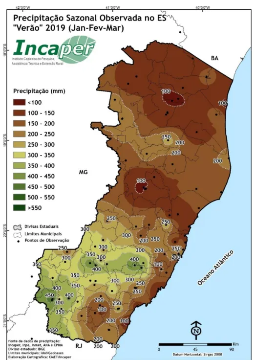 Figura 1. Precipitação total acumulada (mm) no verão de 2019 no Espírito Santo.  