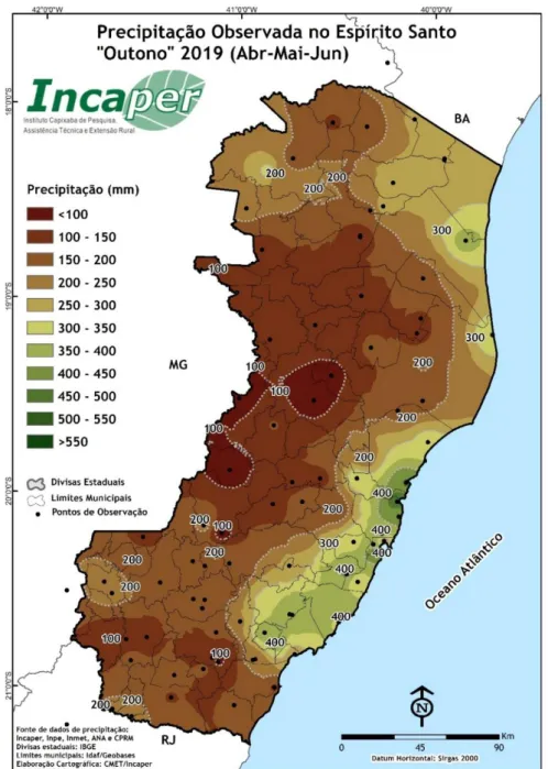 Figura 1. Precipitação total acumulada (mm) no outono de 2019 no Espírito Santo.  