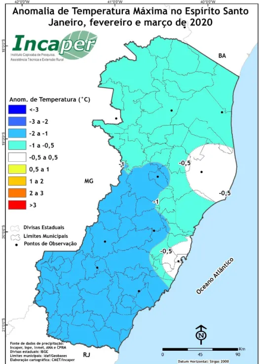 Figura 3. Anomalia de temperatura (°C) máxima no trimestre em relação à média histórica (1984-2014)