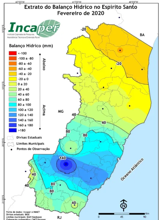 Figura 10. Extrato do balanço hídrico (mm) em fevereiro de 2020 no Espírito Santo.