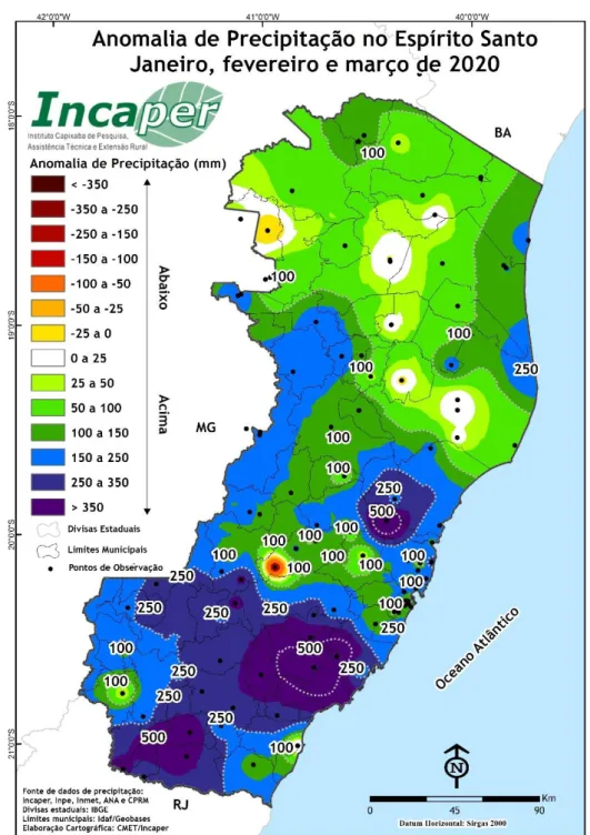 Figura 2. Anomalia de precipitação observada no trimestre em relação à média histórica (1984-2014)