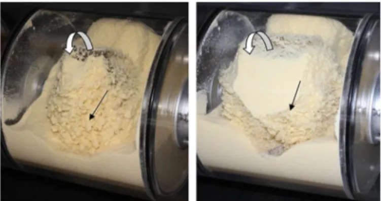Figure  6. Centrifuging  flow  regime for  semolina  inside  the convective  blender  equipped  with  straight  blades,  at  F r  à 1.0  and  f  à 0.63  (left)  and  at  F r  à 1.8  f  à 0.83  (right)