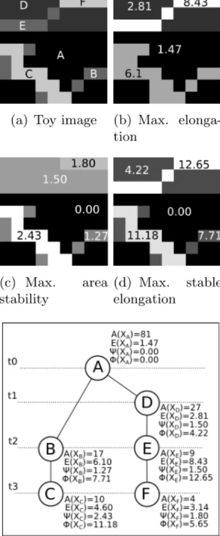 Figure 4: Toy example: maximal attributes images and component tree.