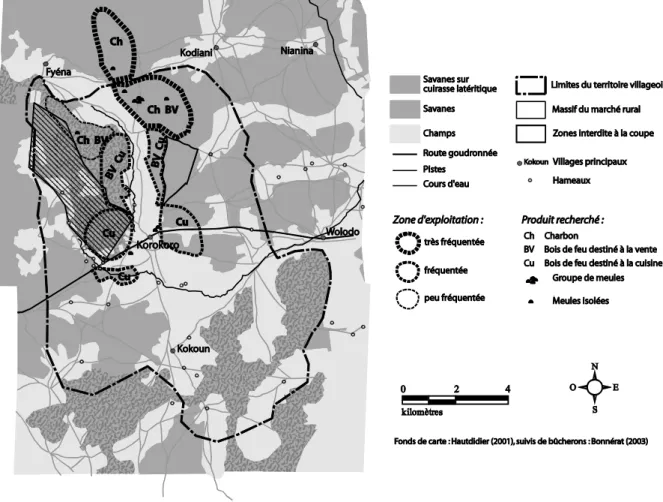 Figure   3   :   Carte   des   lieux   d’exploitation   des   bûcherons   de   Korokoro   (Mali),   en   fonction   du   produit   recherché  