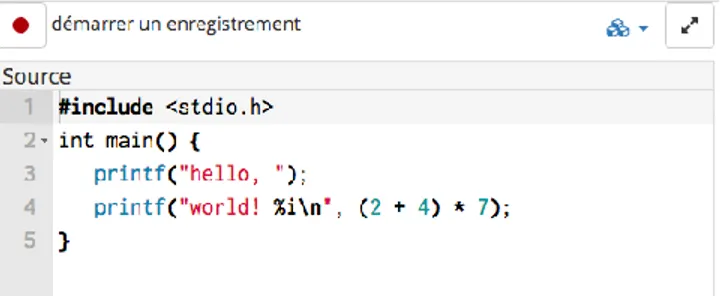 Figure  1.  The  CODECAST  tool  in  its  most  simple  configurable  interface:  a  recording  button  and  a  code  editor  area.