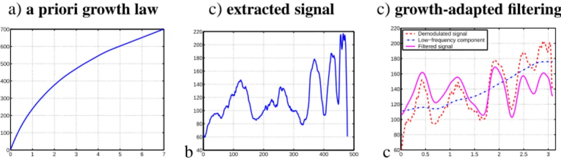 Figure 5. Illustration of the growth-adapted filtering of the signal ±  for the otolith image reported in Fig.1: a) mean growth model, b) signal ±  , c) the demodulated signal ± 2&amp;3 (–), its continuous component ± 2&amp;3 (-.) and the filtered signal ±