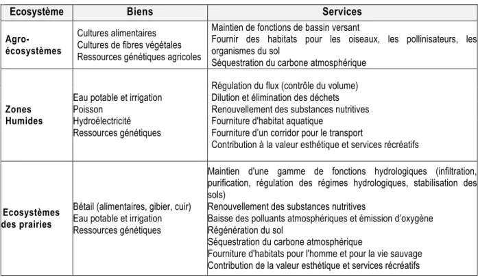 Tableau  3 :  Typologie de biens et services fournis par les écosystèmes ruraux. Source : extrait de World  Ressource Institute (2000), adapté par le Ministère de l’Environnement