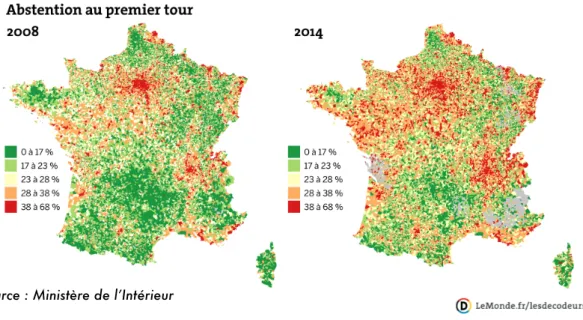 Graphique 1. L’abstention en France aux deux dernières élections municipales, 2008 et 2014