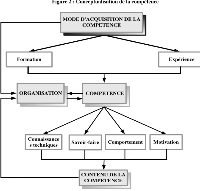 Figure 2 : Conceptualisation de la compétence  MODE D'ACQUISITION DE LA  COMPETENCE Formation Expérience  COMPETENCEORGANISATION Connaissance