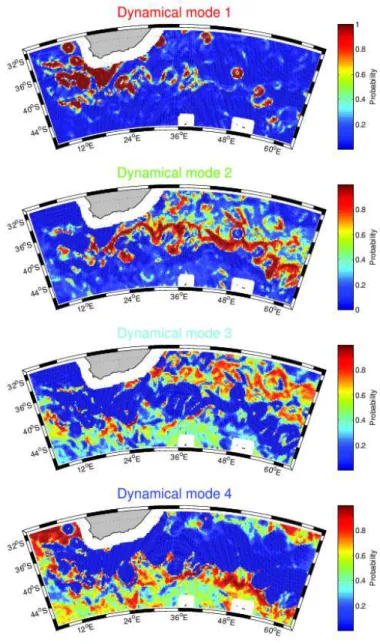 Fig. 3. Maps of the posterior likelihoods given in Eq. (5) of the dynamical modes given the SST and SSH fields, the 1 st of September, 2004 within the Agulhas current