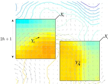 Fig. 2. Sketch of sea surface temperature patches (contour plot), noted as X, and the corresponding zonal and meridional currents (quiver) noted Y at the central position.