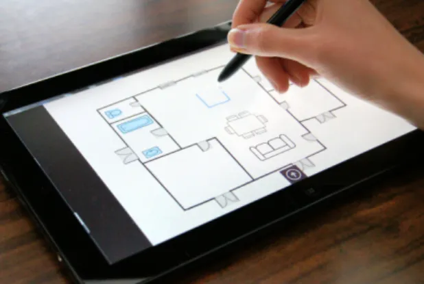 Figure 1: Gesture command used to insert furniture in an architectural plan in the Varchitect application (freely available on Windows store).