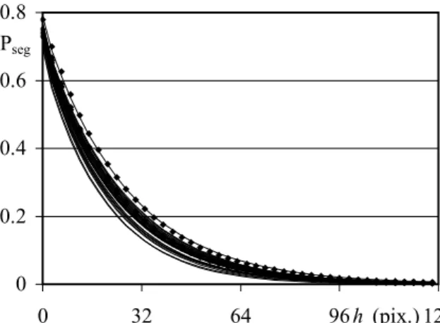 Fig. 10. C(h) for experimental images (symbols) and 2D simulations (smooth lines) using the experimental covariance