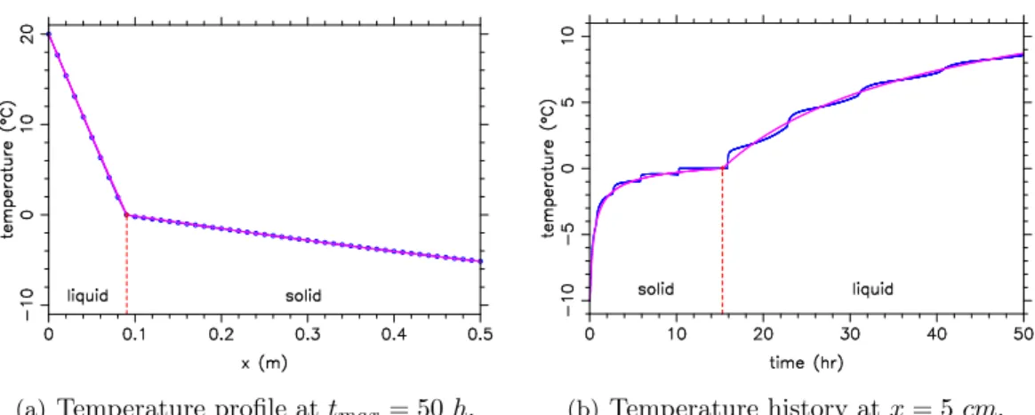 Figure 2: Uniform mesh, N basic = 200, dt = 4.46E + 01 s. Analytical (red) and numerical (blue) solutions.