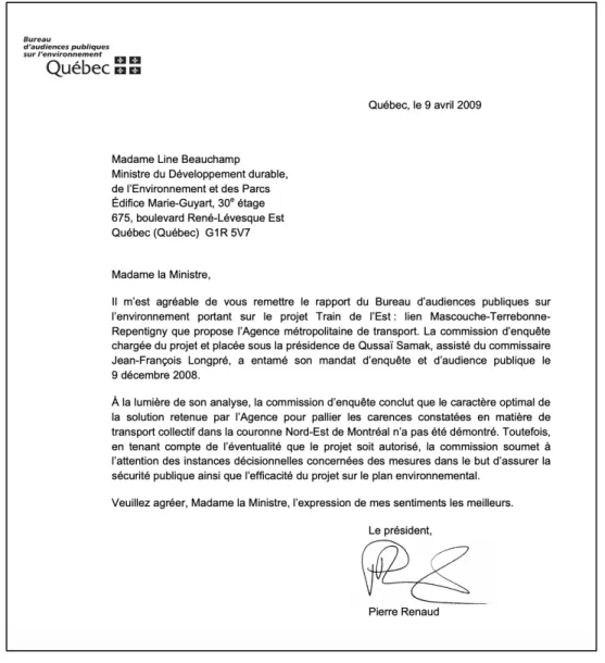 Figure 3.5 Exemple de lettre du BAPE au ministre de l’environnement 