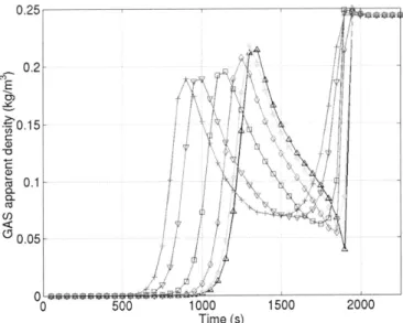Fig. 6. Apparent density of gas as a function of time calculated for different points along the particle radius.