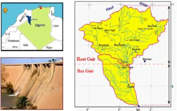 Figure I.2 : Situation de barrage Djorf-Torba, chevelu hydrographique et réparation des stations pluviométrique sur le BV du Oued  Guir (Kabour, 2016).