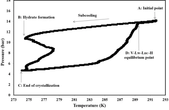 Figure 2 illustrates a typical PT diagram of CP/CO 2  hydrate in pure water. Each experiment was  started  at  point  A  where  hydrate  phase  is  undersaturated  (pressure  and  temperature  outside  of  hydrate forming region)