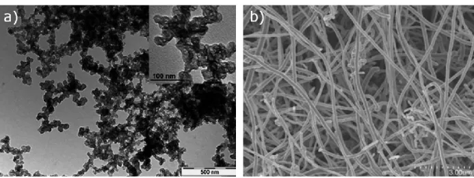 Figure 1-11 : Clichés par Microscopie Electronique à Balayage de a) Noir de Carbone et de b)  Nanofibres de carbone