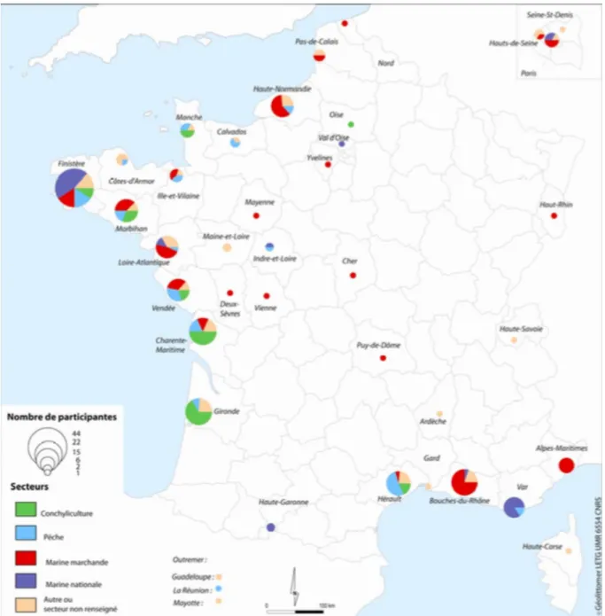 Figure 3 : Répartition géographique des répondantes au questionnaire FEMMAR, 2009   Les femmes du secteur pêche sont réparties sur les trois littoraux français