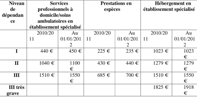 Tableau de la distribution et de l’évolution des prestations mensuelles en fonction du  niveau de dépendance 64 Niveau  de  dépendan ce  Services  professionnels à domicile/soins  ambulatoires en  établissement spécialisé  Prestations en espèces  Hébergeme