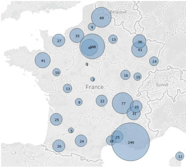 Figure  XCIII  -  Répartition  géographique  des  arrêts  étudiés,  rendus  par  les  Cours  d’appel judiciaire (n’apparaissent pas sur la carte les cours d’appel de Basse-Terre,  Saint-Denis, Nouméa, Papeete, Fort-de-France)