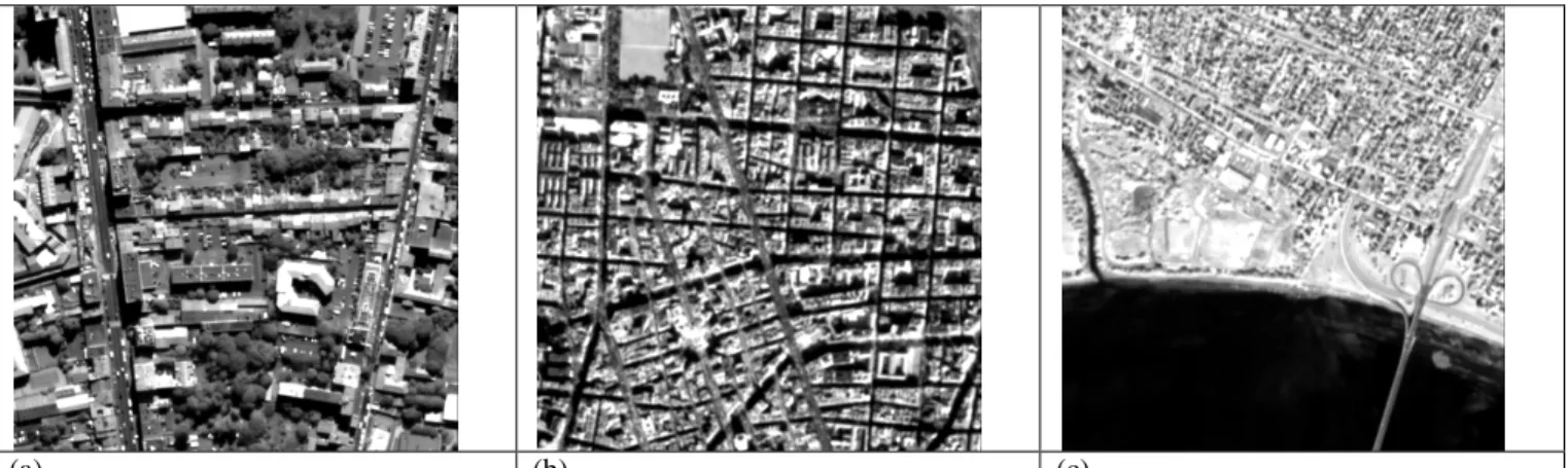 Fig. 6: Excerpt of the data sets. a) Toulouse (Pleiades simulation), b) Madrid (SPOT-5 simulation), c) Fredericton (SPOT-5 simulation) 