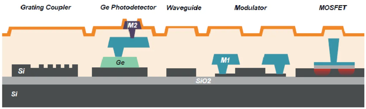 Fig  I.3:  Typical  process  stack  representing  a  silicon  photonics  platform  with  grating   couplers,  germanium  photodetectors,  waveguides,  modulators  and  MOSFETs,  on  a   silicon-on-insulator wafer [17, 19]