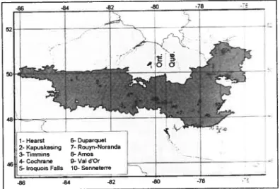 Figure 3: La ceinture d’argile dans le Nord-est ontarien et le Nord-ouest québécois. (Source : Lefort 2003: 13)