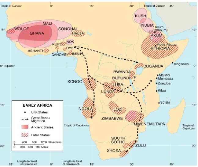 Fig. 2 Carte de quelques anciens empires et royaumes d’Afrique. Les pointillés illustrent les  divers mouvements de migration des peuples africains, du nord au sud, jusqu’en Afrique du sud 5 